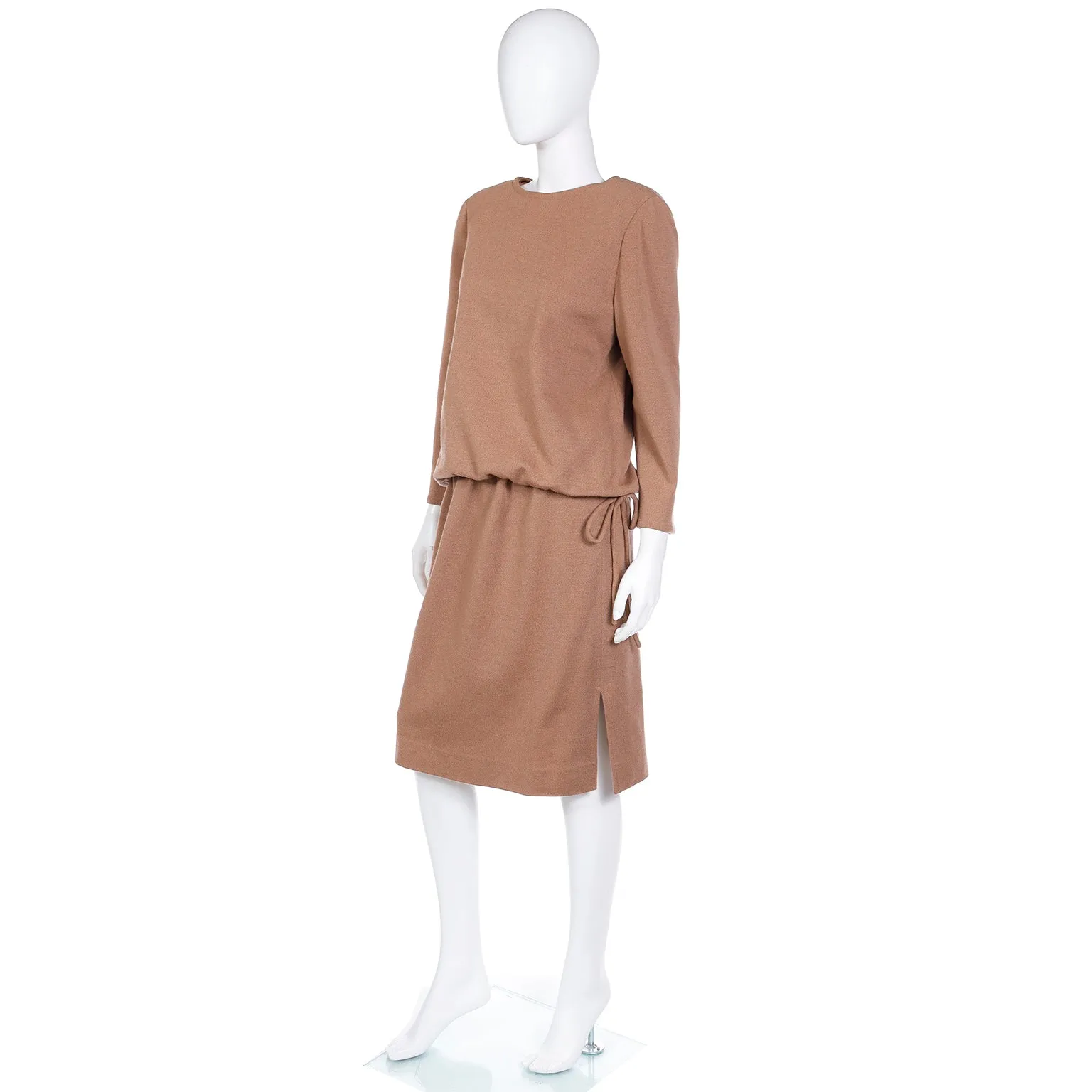 1970s Bill Blass Vintage Camel Brown Knit 2pc Day Dress Outfit