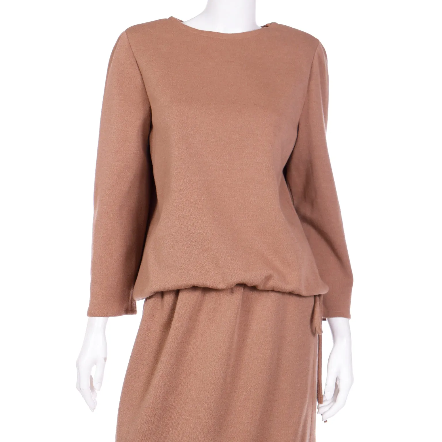 1970s Bill Blass Vintage Camel Brown Knit 2pc Day Dress Outfit