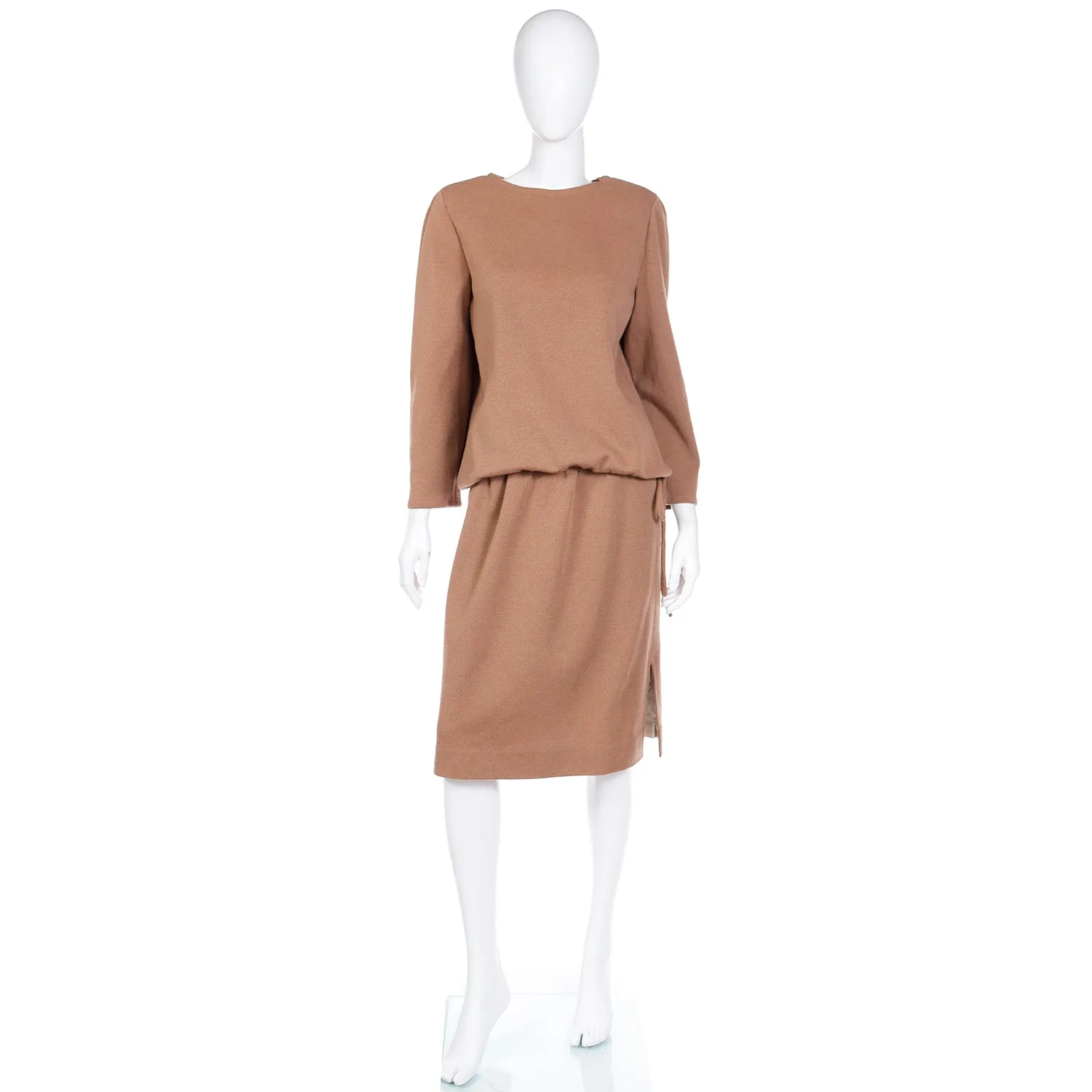 1970s Bill Blass Vintage Camel Brown Knit 2pc Day Dress Outfit