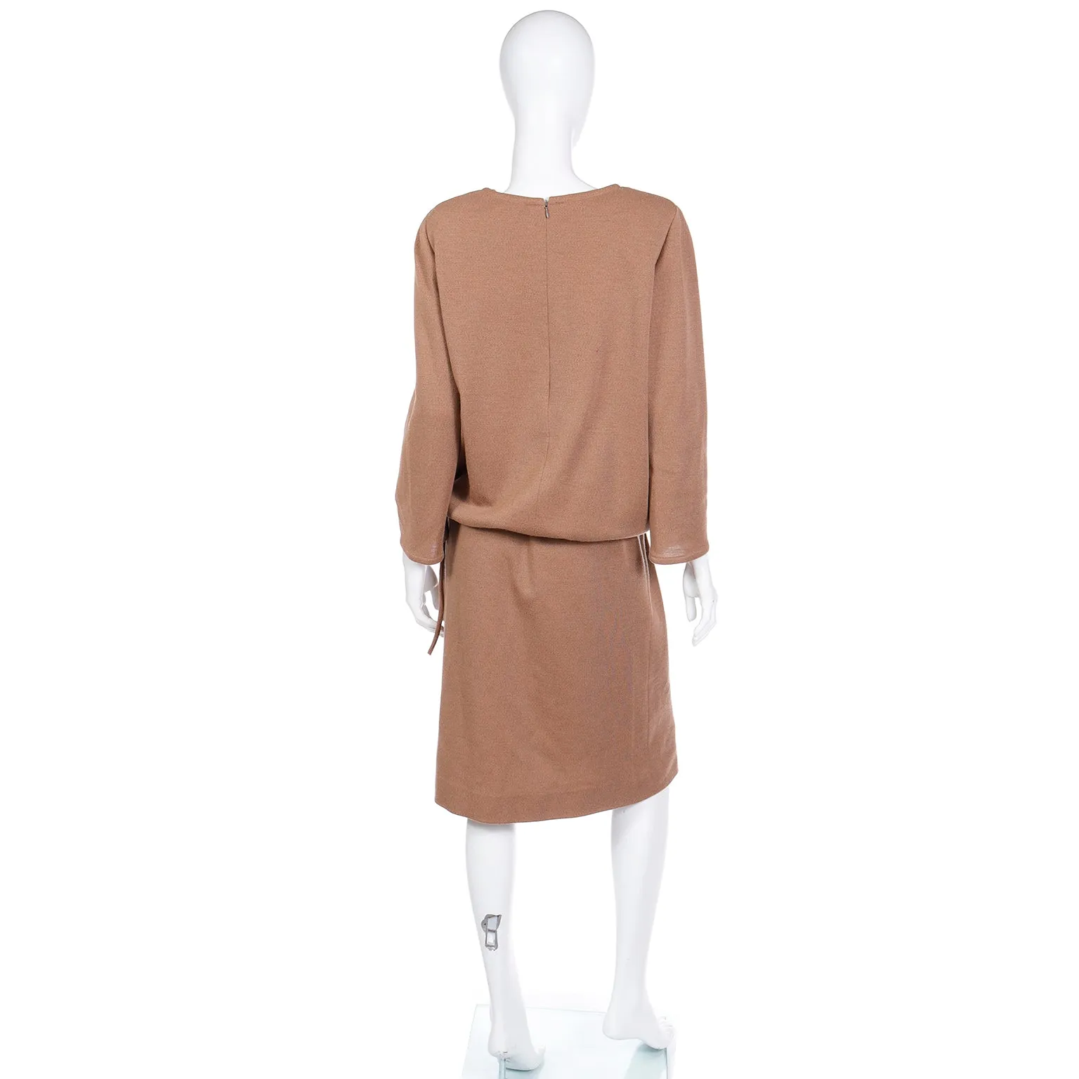 1970s Bill Blass Vintage Camel Brown Knit 2pc Day Dress Outfit