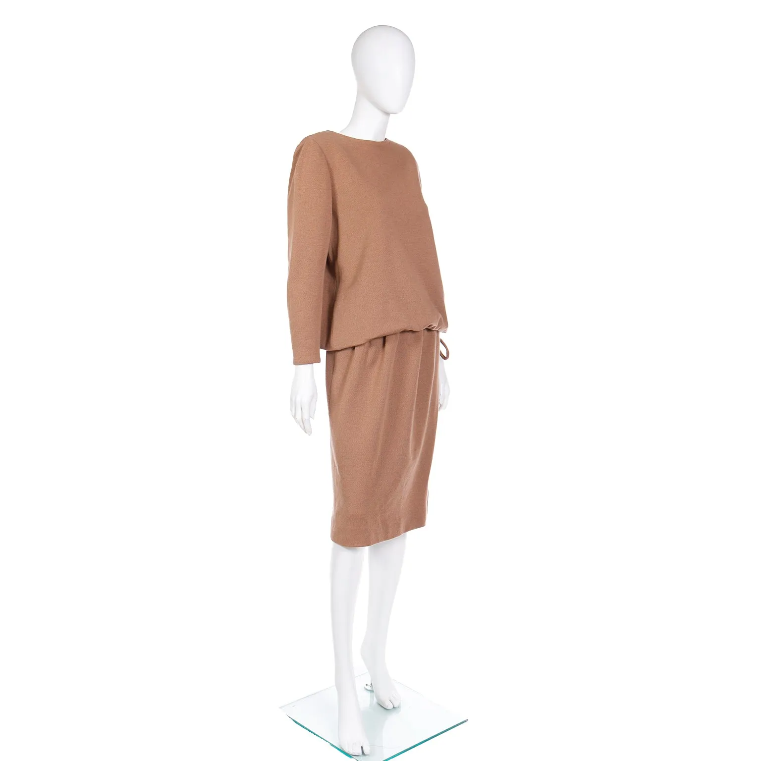 1970s Bill Blass Vintage Camel Brown Knit 2pc Day Dress Outfit