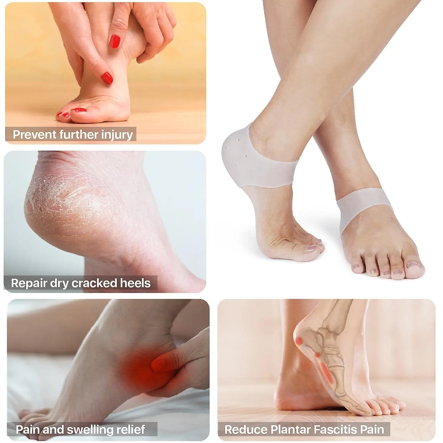 3 Pairs Silicone Heel Protector Plantar Fasciitis Inserts Pads Gel Heel Cushion Pain Relief Socks