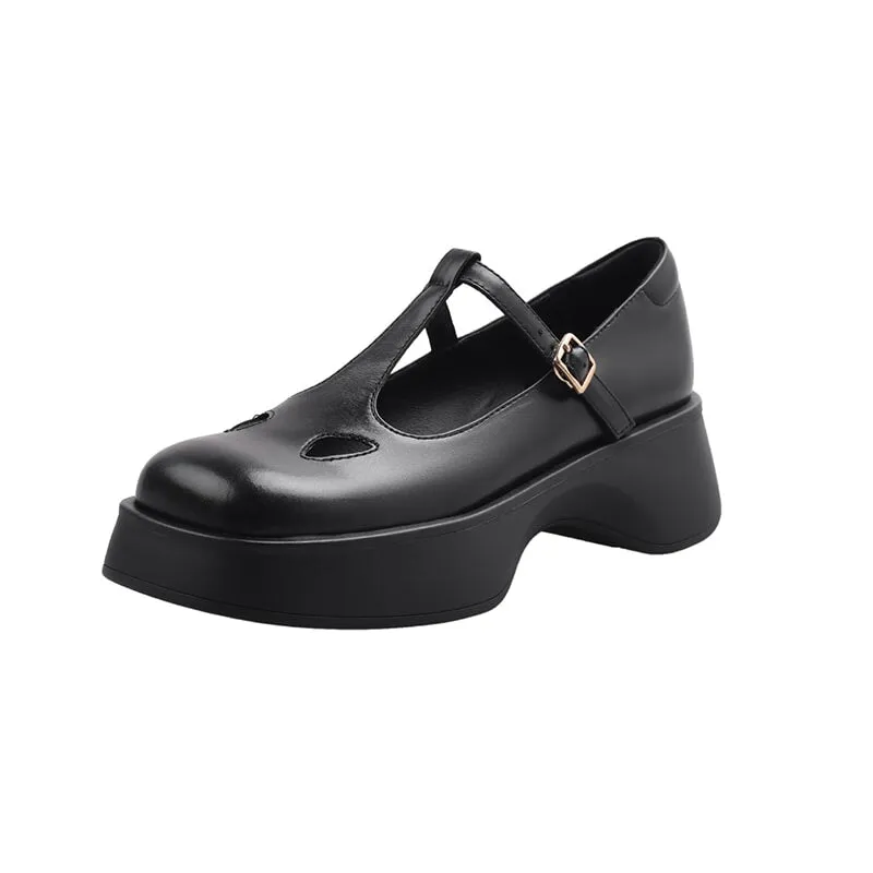 40mm Leather Platform Mary Jane Shoes T Strap In Black/White