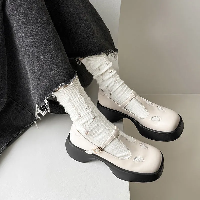 40mm Leather Platform Mary Jane Shoes T Strap In Black/White