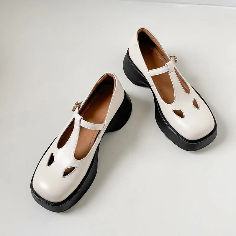 40mm Leather Platform Mary Jane Shoes T Strap In Black/White