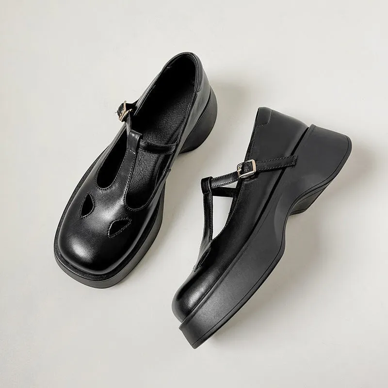 40mm Leather Platform Mary Jane Shoes T Strap In Black/White