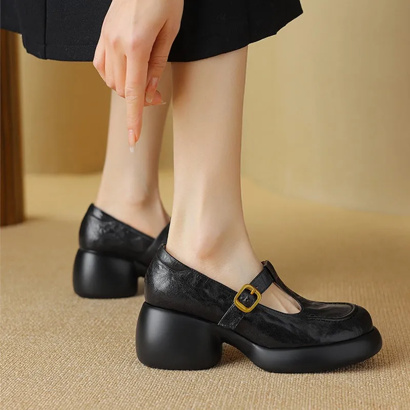 70mm Leather Platform Mary Jane Shoes T Strap In Black/Brown