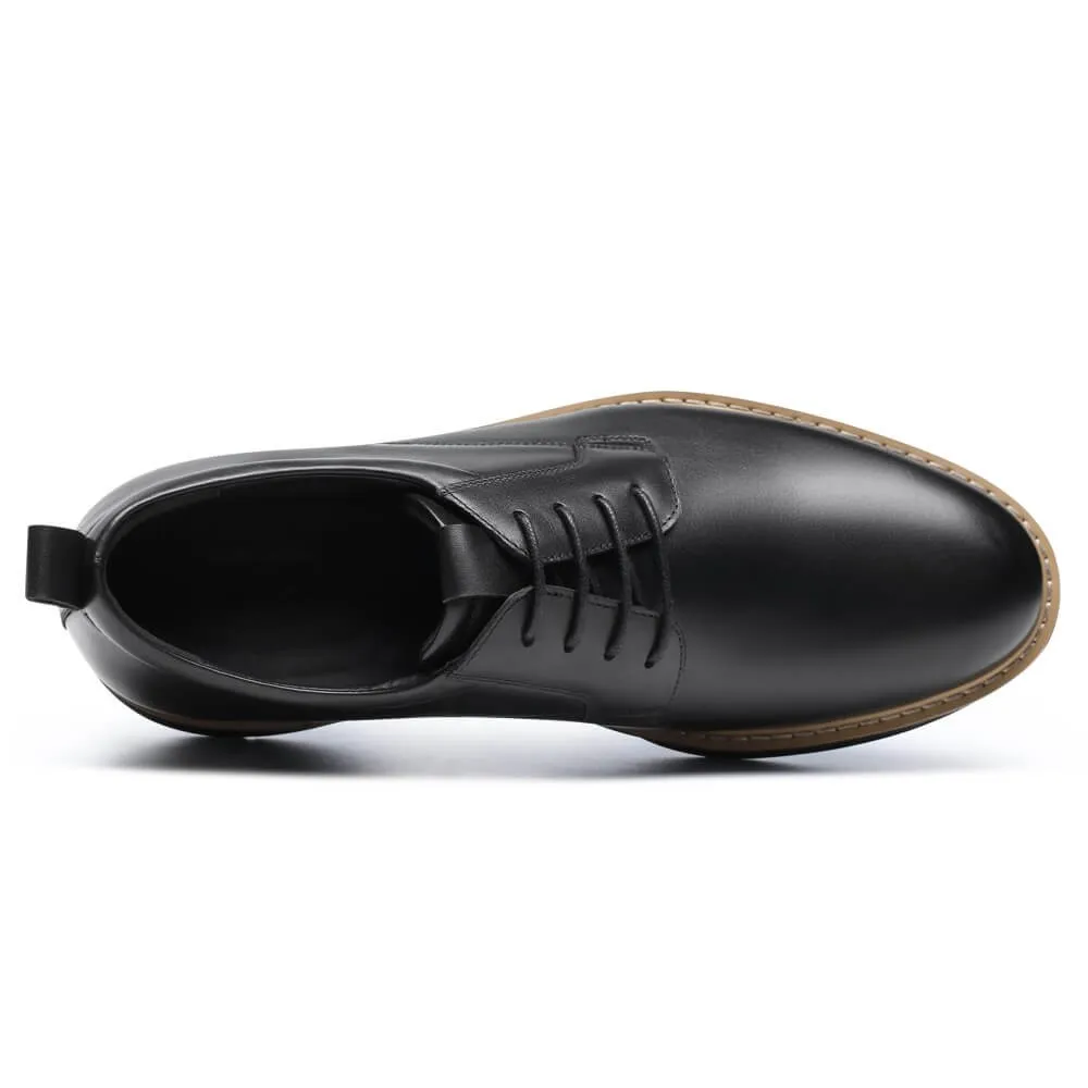 7CM / 2.76 Inches CMR CHAMARIPA Black Painted Calfskin Leather Elevator Shoes for Men - Elevate Your Business Casual Look