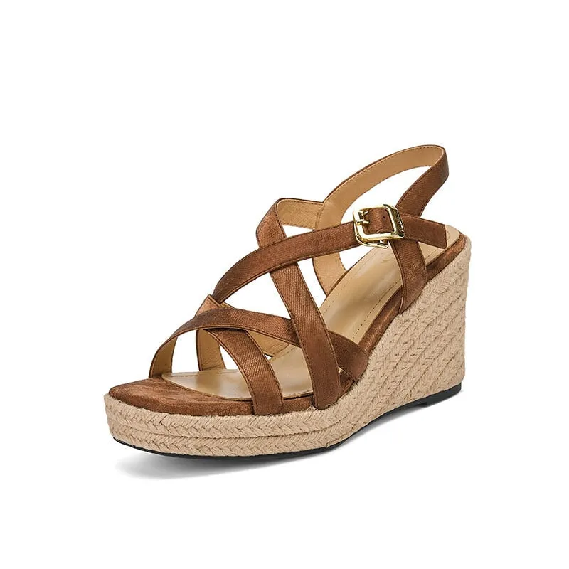 90mm Slingback Espadrille-Wedge Leather Sandals in Apricot/Brown/Black