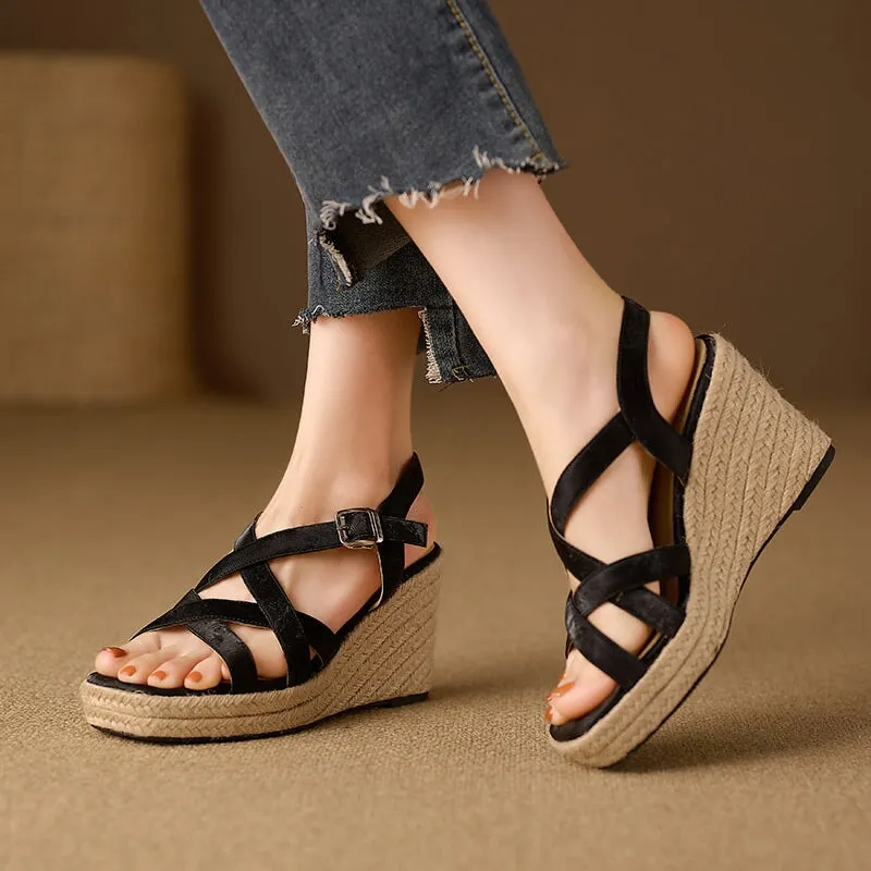 90mm Slingback Espadrille-Wedge Leather Sandals in Apricot/Brown/Black