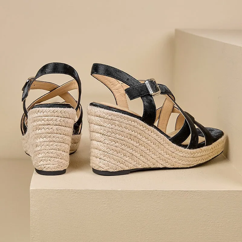 90mm Slingback Espadrille-Wedge Leather Sandals in Apricot/Brown/Black