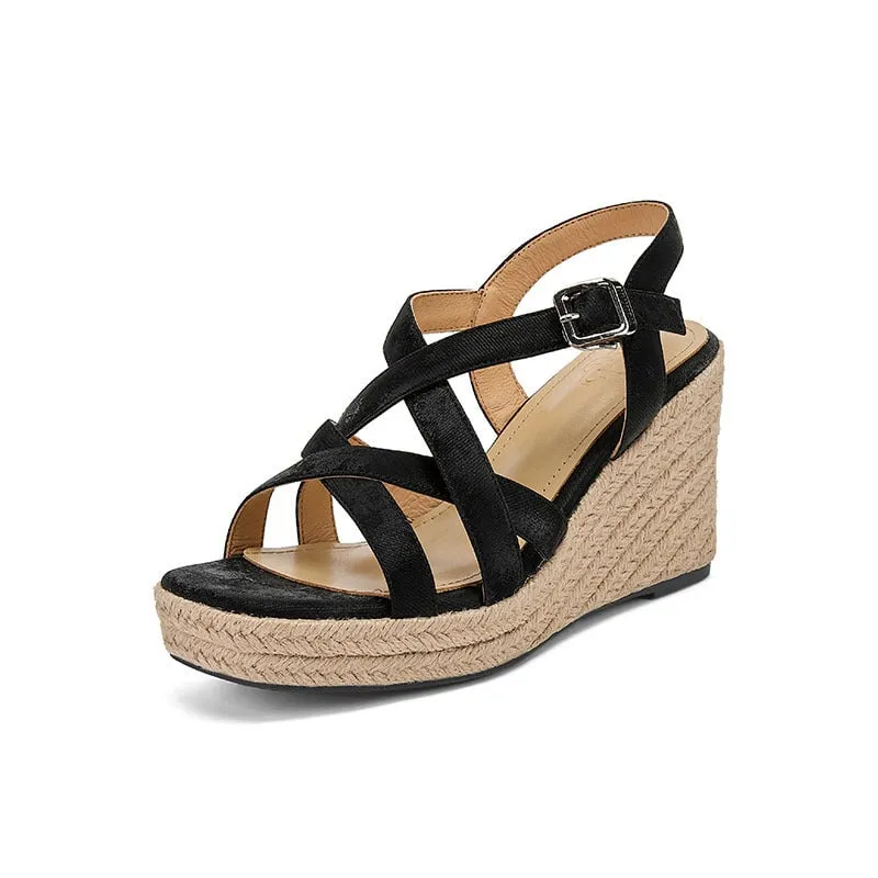 90mm Slingback Espadrille-Wedge Leather Sandals in Apricot/Brown/Black