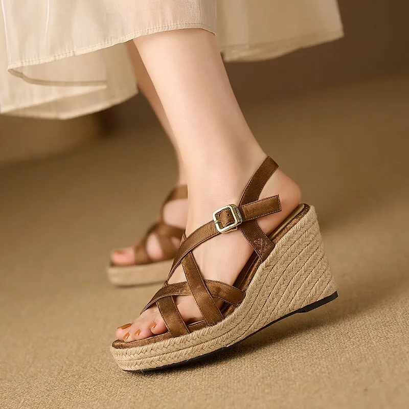 90mm Slingback Espadrille-Wedge Leather Sandals in Apricot/Brown/Black