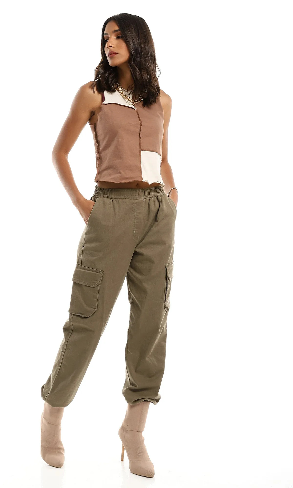 98189 Sleeveless Bi-Tone Cuts Cotton Top - Light Beige & Coffee