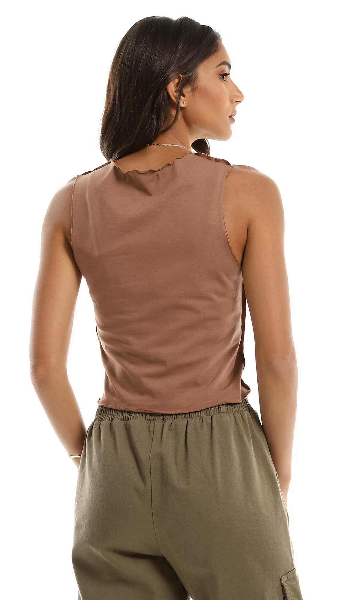 98189 Sleeveless Bi-Tone Cuts Cotton Top - Light Beige & Coffee