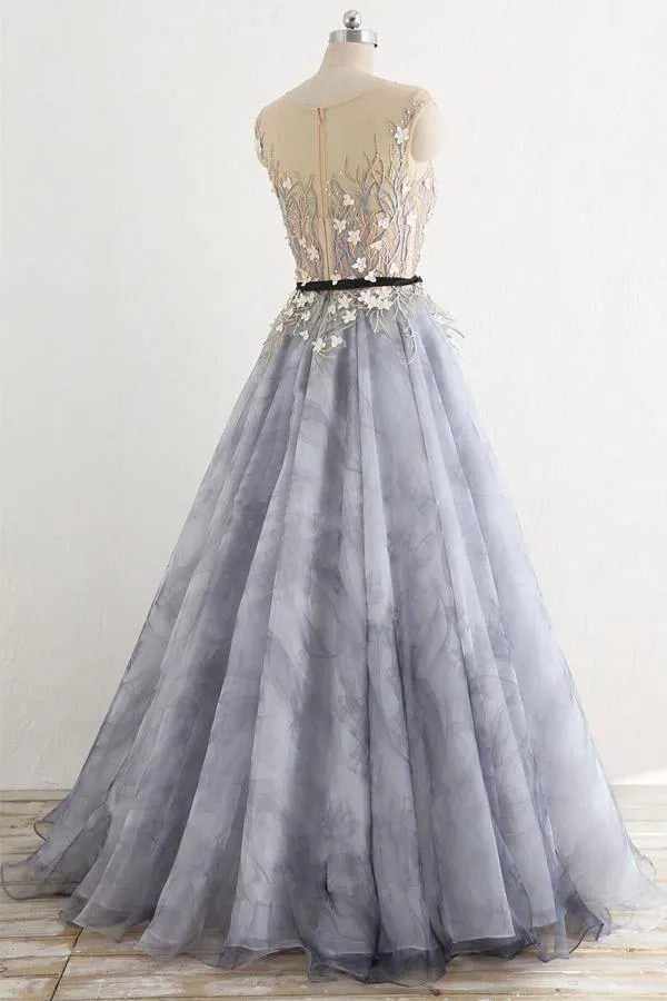 A-line Gray Rround Neck Tulle Long Prom Dress Grey Evening Dress   PSK010