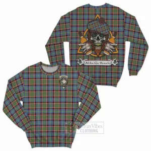 Aikenhead Tartan Sweatshirt with Family Crest and Bearded Skull Holding Bottles of Whiskey