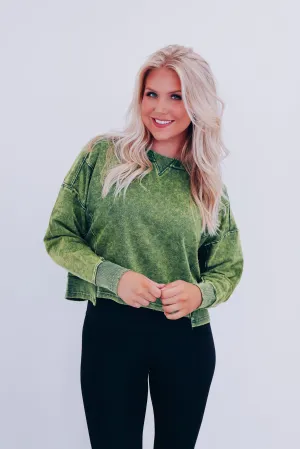 Amanda Acid Washed Cropped Sweatshirt - Dark Green