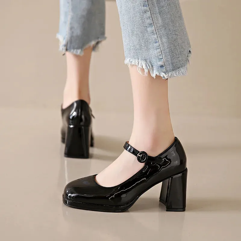 Amozae-2024 New Platform Mary Jane Shoes Women High Heel Party Lolita Shoes Chunky Heel Ladies' Shoes Square Headed High Heels Women