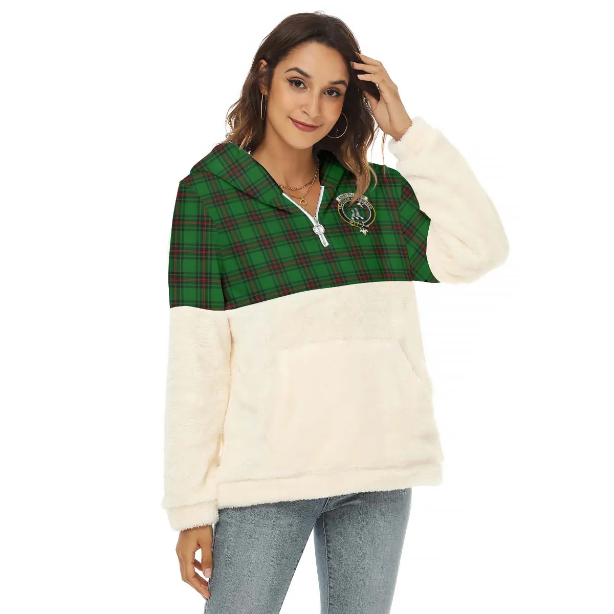 Anstruther Tartan Women's Borg Fleece Hoodie With Half Zip with Family Crest