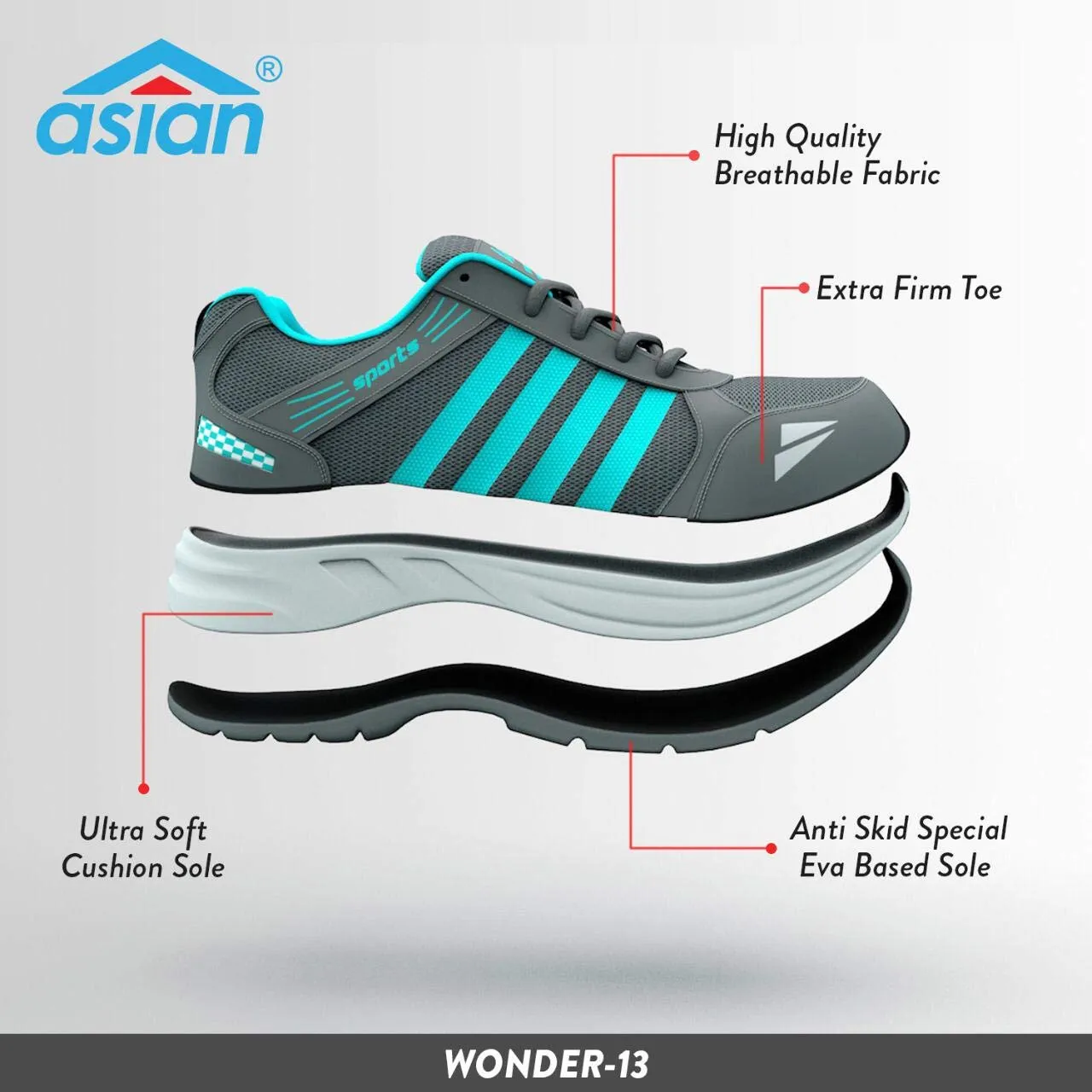 ASIAN Men's Wonder-13 Firozi Mesh Sports Running Shoes (Green) 9 UK