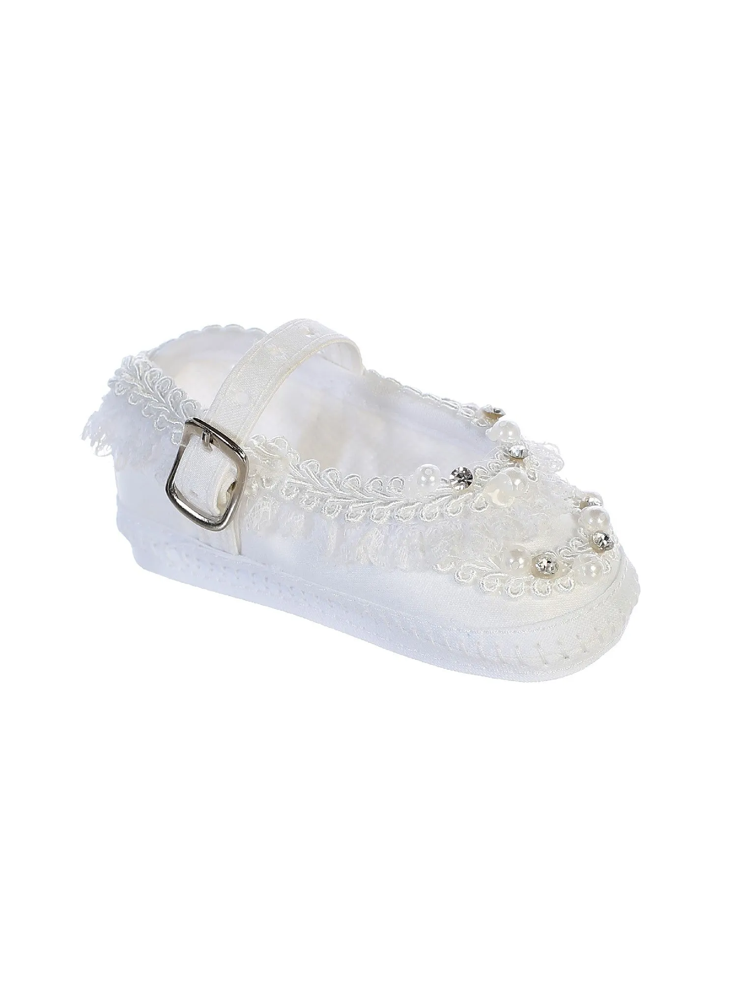 Baby Girls White Pearls Rhinestones Buckle Strap Baptism Shoes S-L