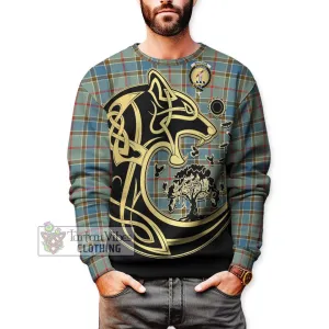 Balfour Blue Tartan Sweatshirt with Family Crest Celtic Wolf Style