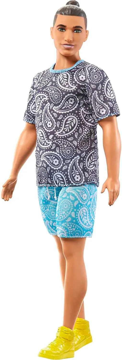 Barbie Ken Fashionistas with Brown Hair in Bun Doll Wearing Paisley Tee and Shorts #204 for Kids Ages 3 