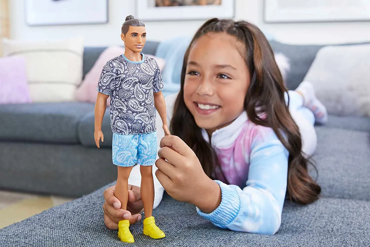 Barbie Ken Fashionistas with Brown Hair in Bun Doll Wearing Paisley Tee and Shorts #204 for Kids Ages 3 