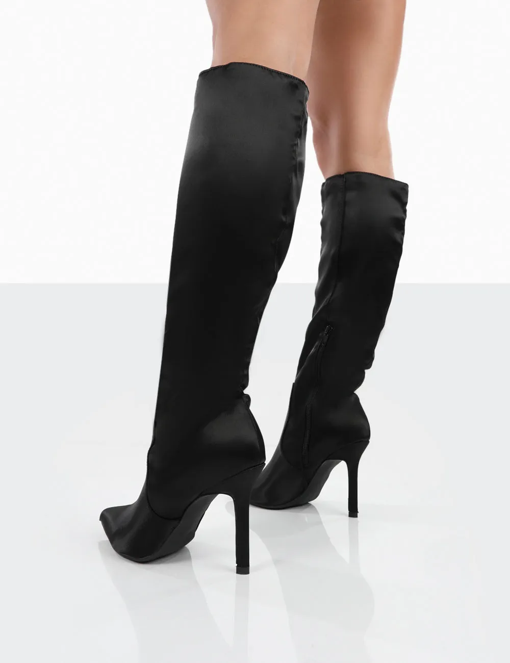 Best Believe Black Satin Pointed Toe Stiletto Heeled Knee High Boots