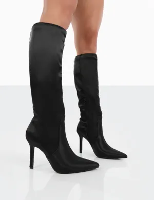 Best Believe Black Satin Pointed Toe Stiletto Heeled Knee High Boots