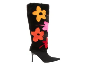 Black & Multicolor Andrea Pfister Rabbit Fur Flower Power Boots Size 37