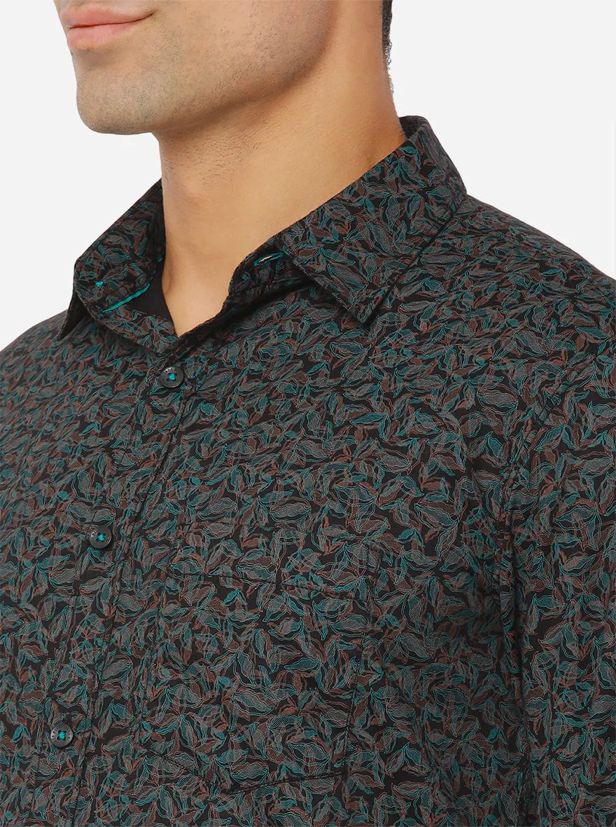 Black & Seagreen Printed Slim Fit Semi Casual Shirt | JadeBlue