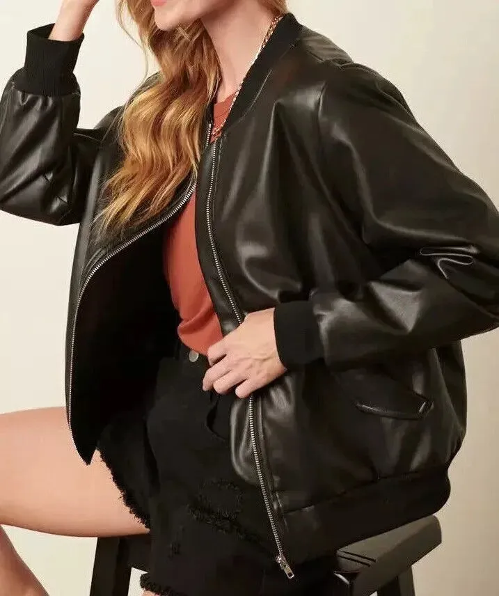 Black Leather Oversize Jacket Women