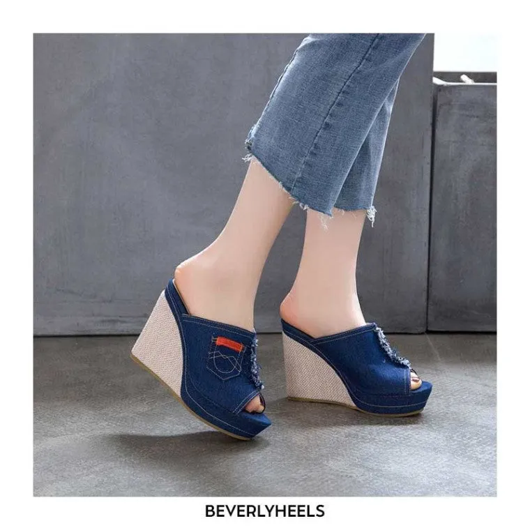 Blue Denim Women's Wedge Heels Shoes