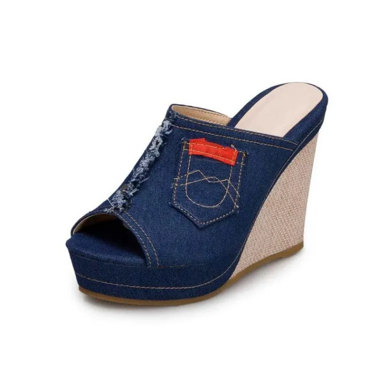 Blue Denim Women's Wedge Heels Shoes