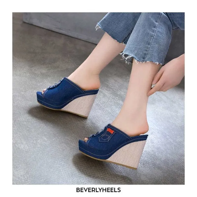 Blue Denim Women's Wedge Heels Shoes