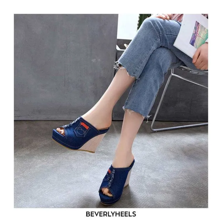 Blue Denim Women's Wedge Heels Shoes