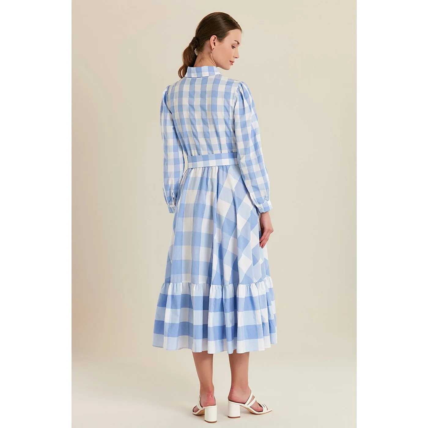 Blue Plaid Belted Long Dress