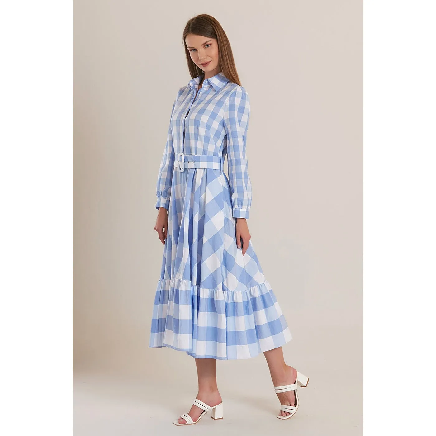 Blue Plaid Belted Long Dress