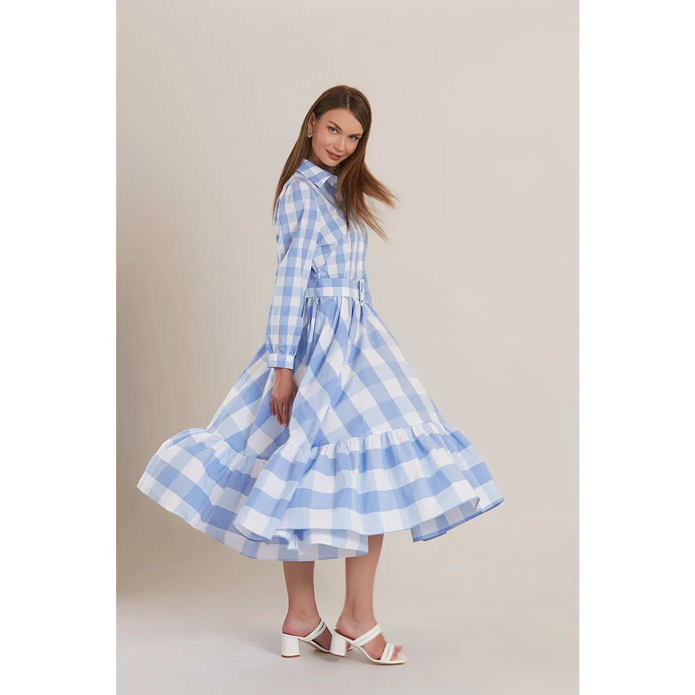 Blue Plaid Belted Long Dress