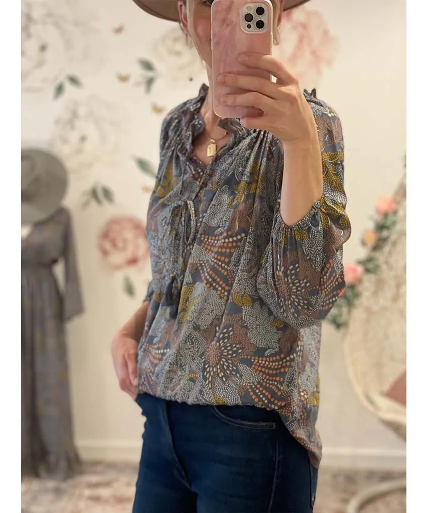 Boho Printed LS Blouse Grey Gold