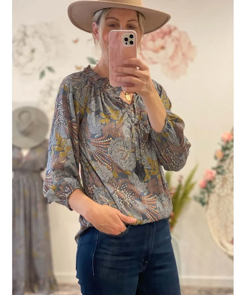 Boho Printed LS Blouse Grey Gold