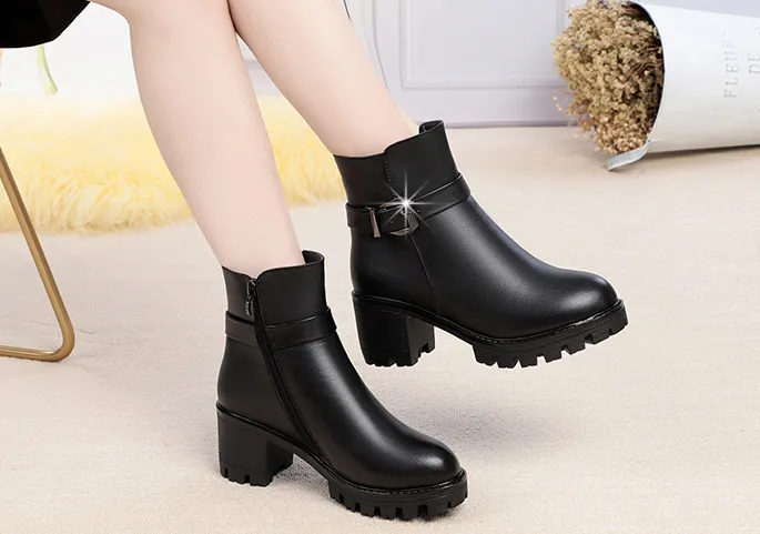 Boots - Janice - Women Leather Short boots- Low Heel Comfort Buckle