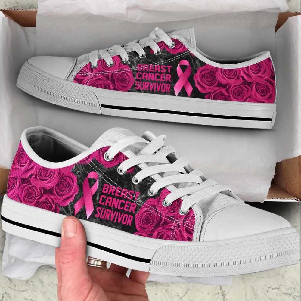 Breast Cancer Shoes Survivor Rose Flower Low Top Shoes Canvas Shoes, Best Canvas Shoes, Low Top Sneaker