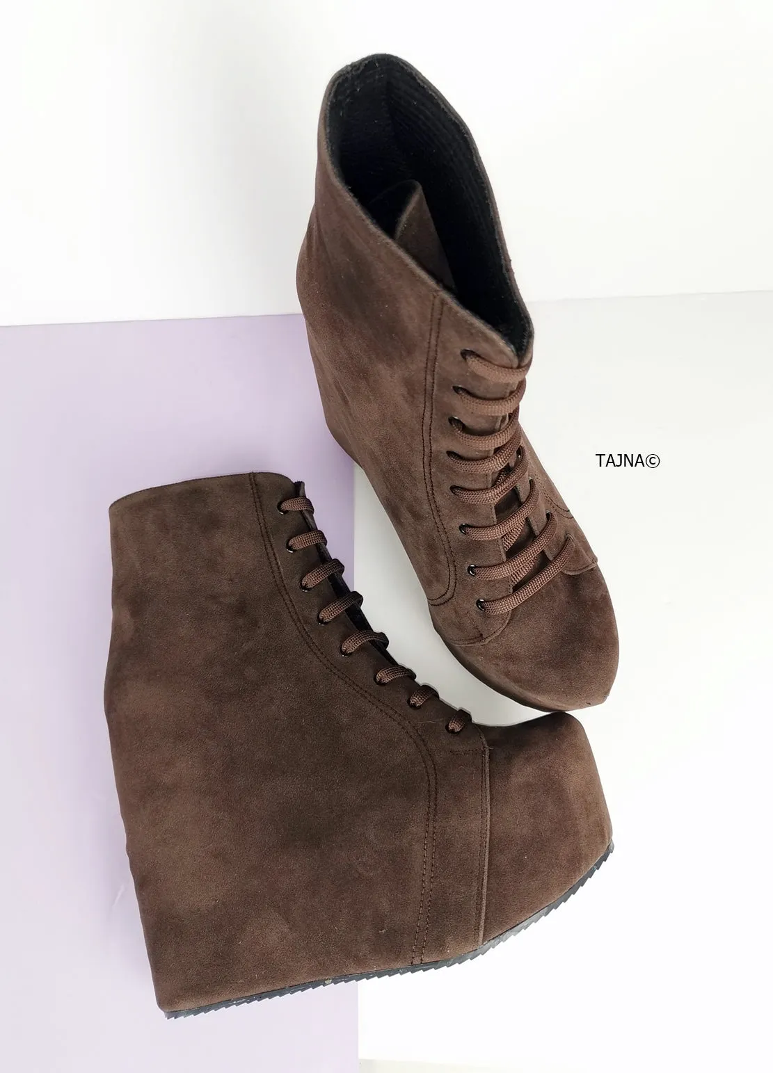 Brown Suede Lace Up Platform Wedge Booties