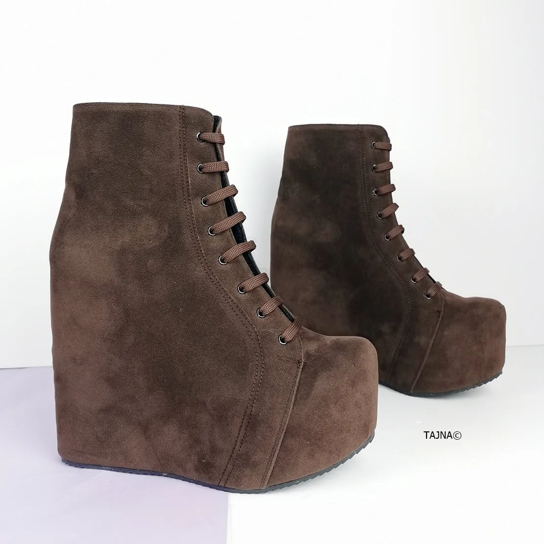 Brown Suede Lace Up Platform Wedge Booties