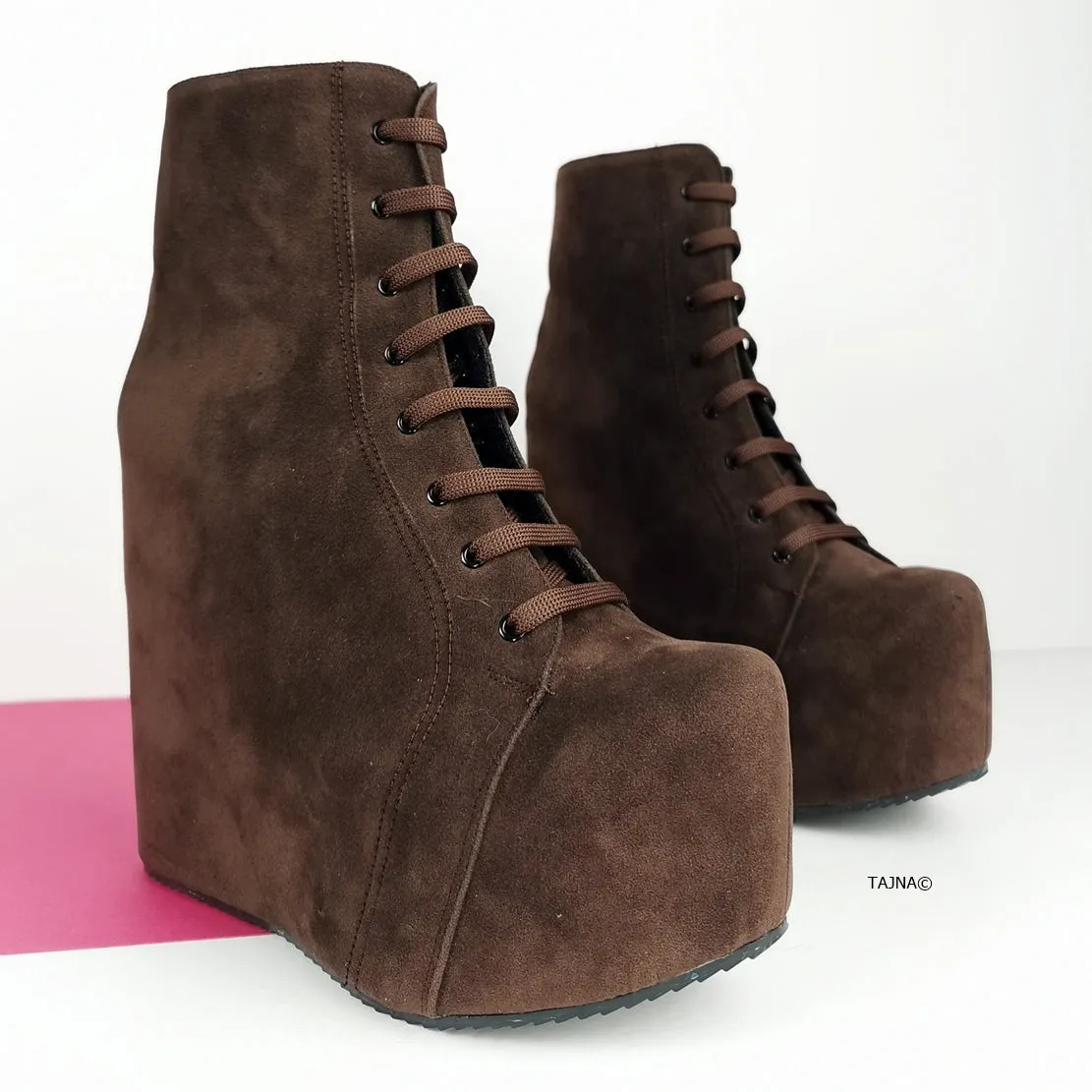 Brown Suede Lace Up Platform Wedge Booties