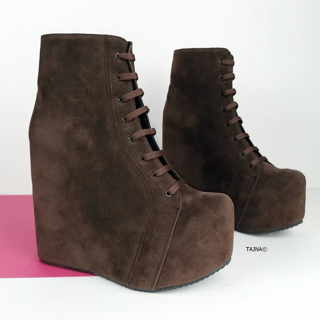 Brown Suede Lace Up Platform Wedge Booties