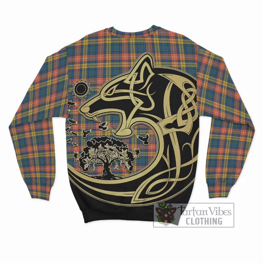 Buchanan Ancient Tartan Sweatshirt with Family Crest Celtic Wolf Style